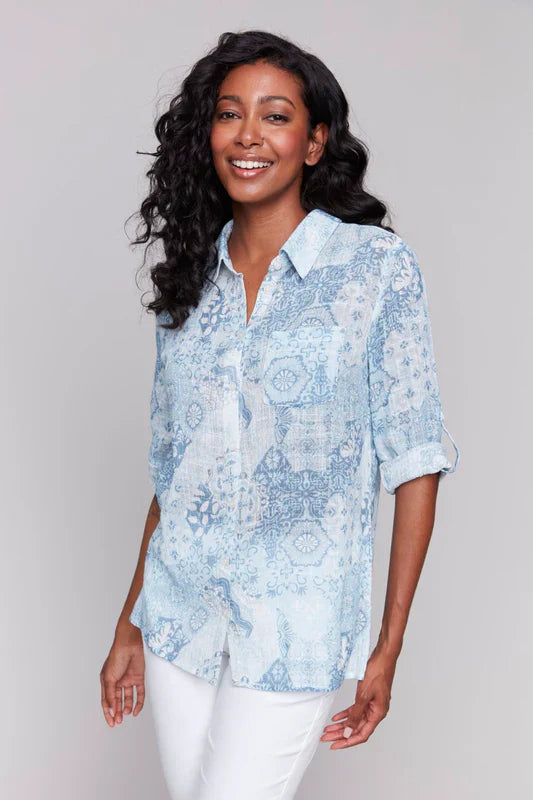 Cotton Print Roll-Sleeve Bls