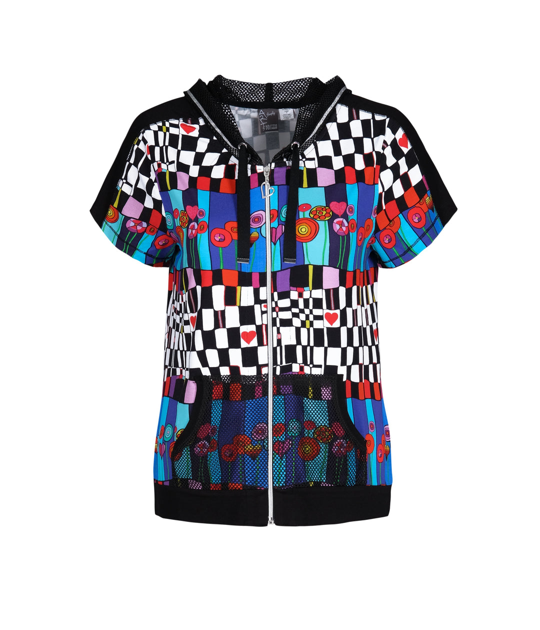 Checker Flower Zip Short Sleeve Hoodie