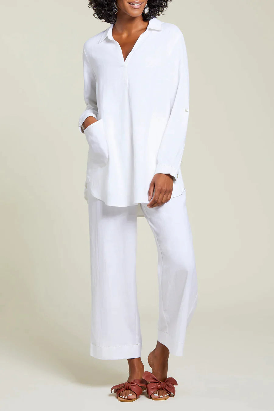 Roll Long Sleeve Linen Tunic With Pocket