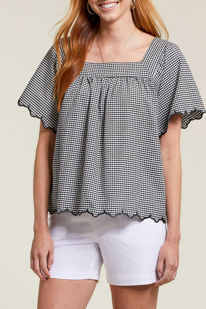 Square-Neck Checkered Short Sleeve Blouse