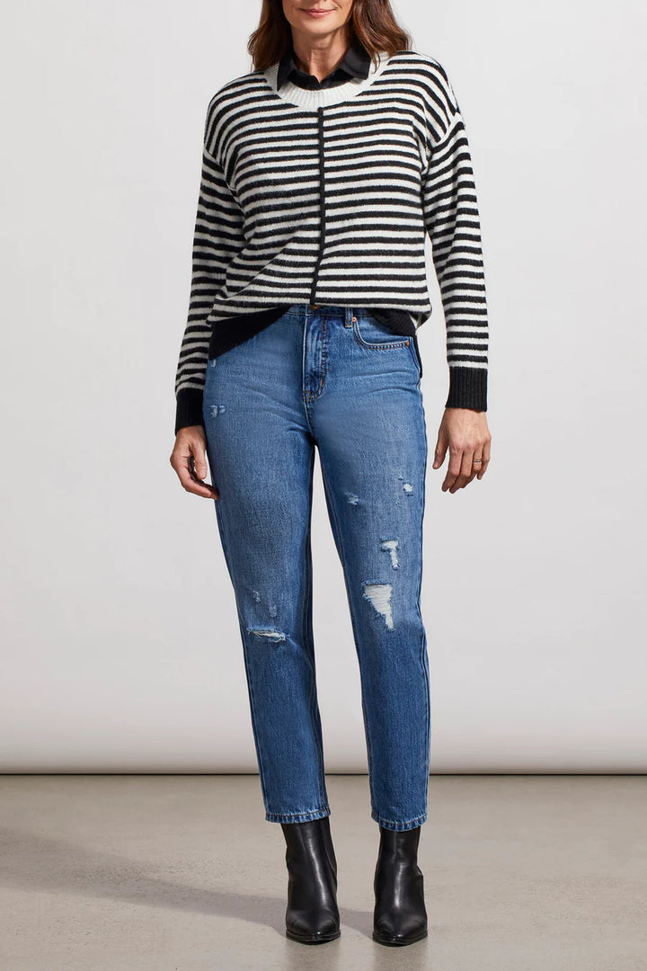 Long Sleeve Stripe Crew Neck Sweater With Slits