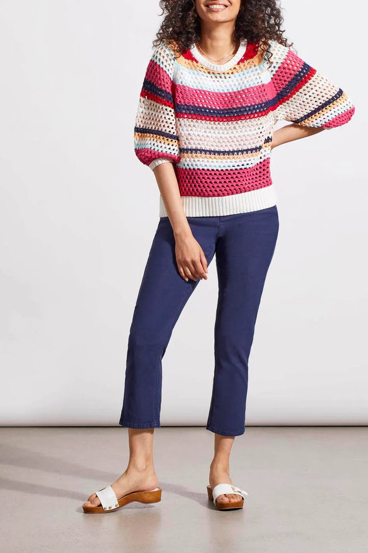 3/4 Sleeve Crew Neck Striped Sweater