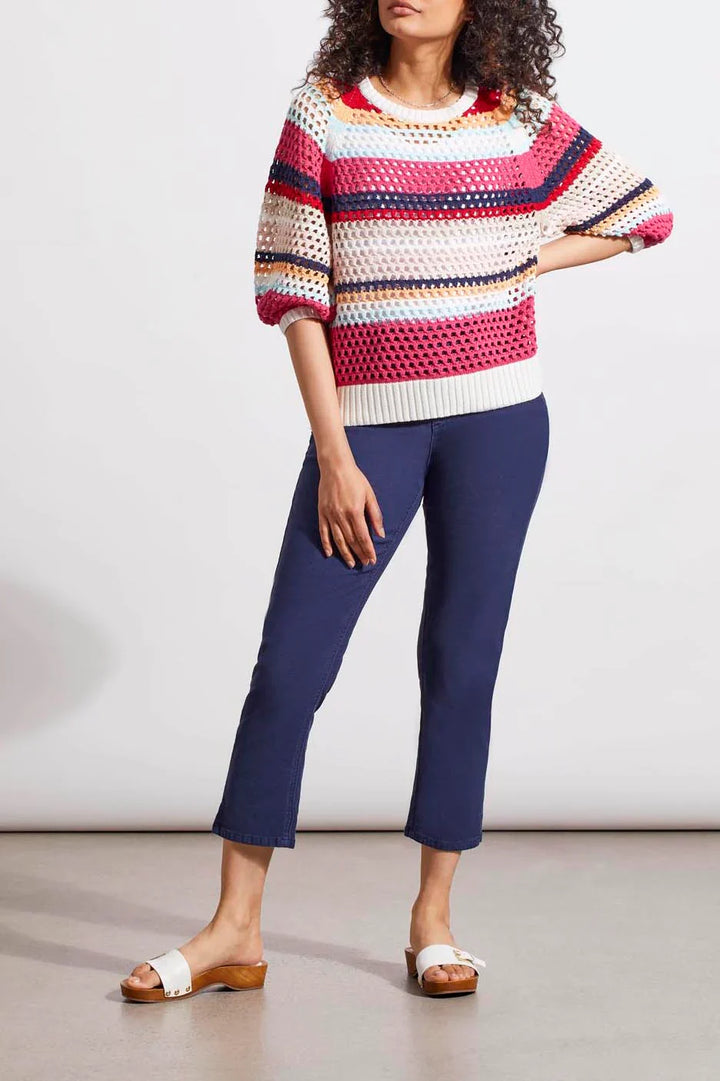 3/4 Sleeve Crew Neck Striped Sweater