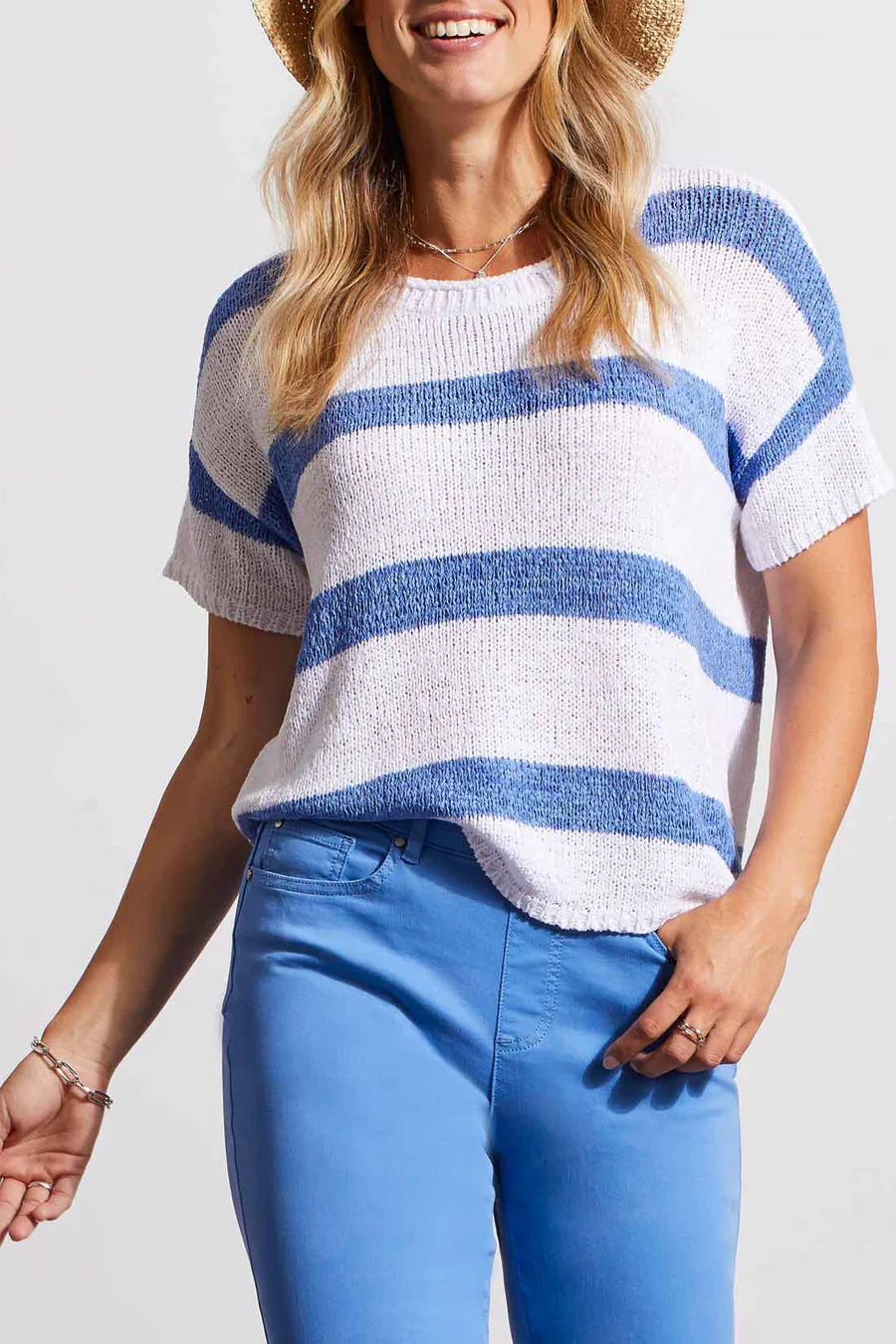 Short Sleeve Scoop Neck Striped Sweater