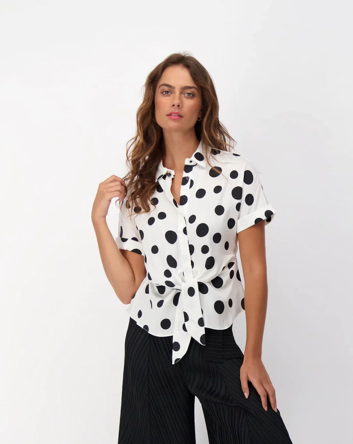 Short Sleeve Polka Dot Tie Front Shirt