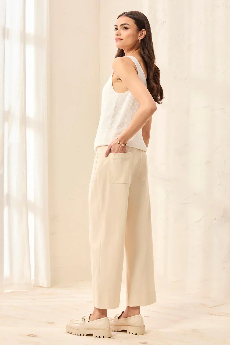 Signature Stretch Twill Button‑Front Wide‑Leg Ankle Pants