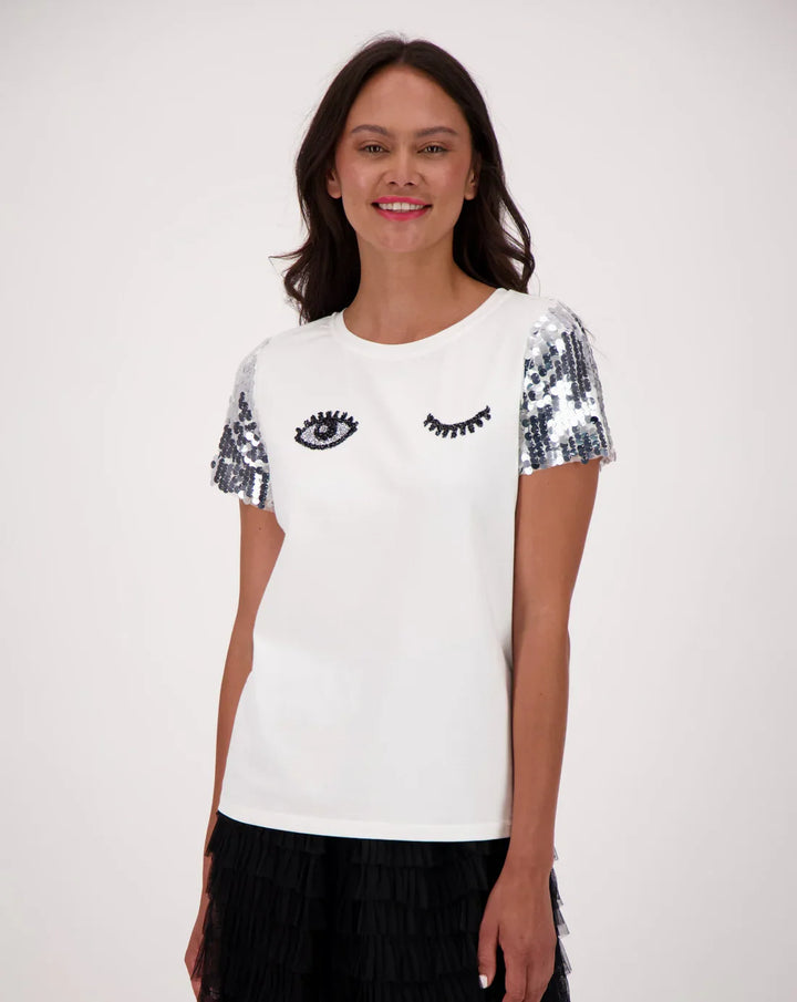 Glam Sleeve Embroid Winking Eye Tee