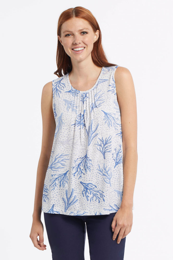 Sleeveless Print Top With Pleated Bib