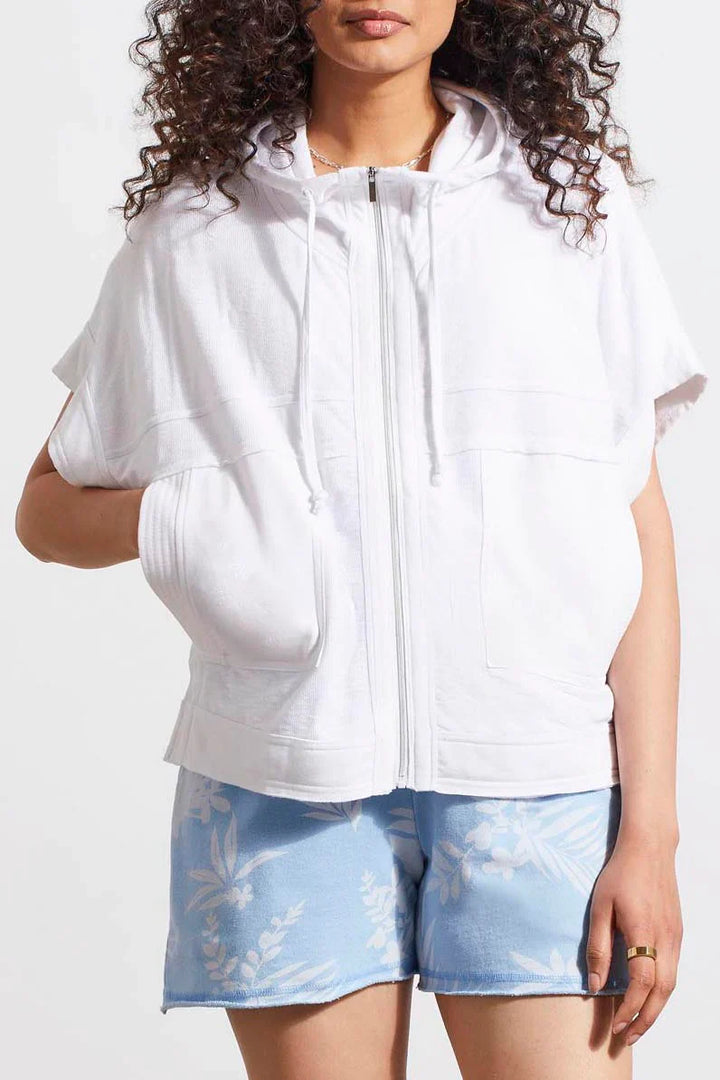 Short Sleeve Mixed Media Hooded Crop Jacket