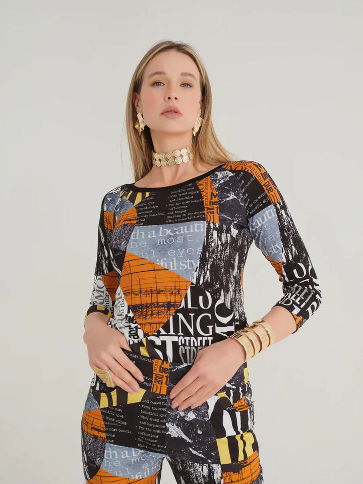 3/4 Sleeve Newspaper Print Top