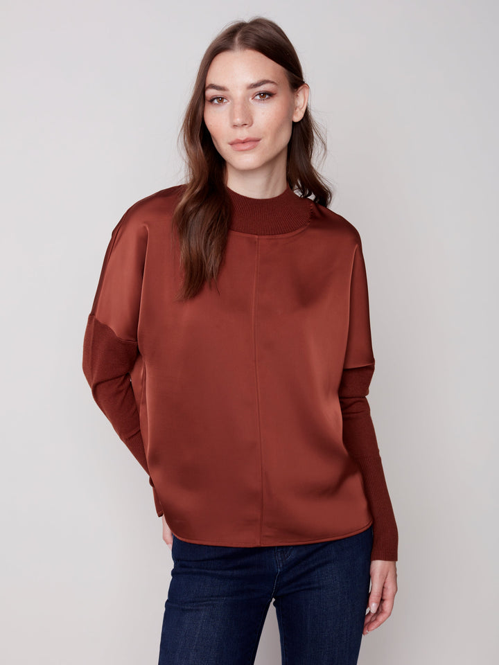 Satin Knit Combo Long Sleeve Top