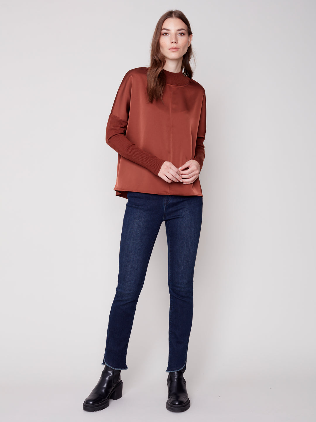 Satin Knit Combo Long Sleeve Top