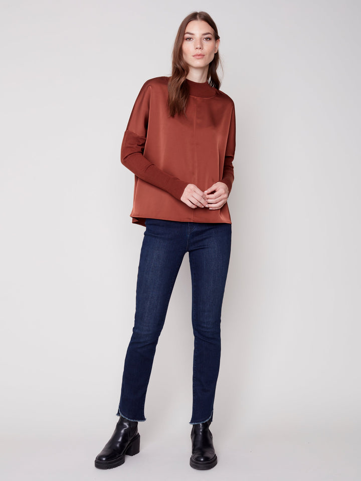 Satin Knit Combo Long Sleeve Top