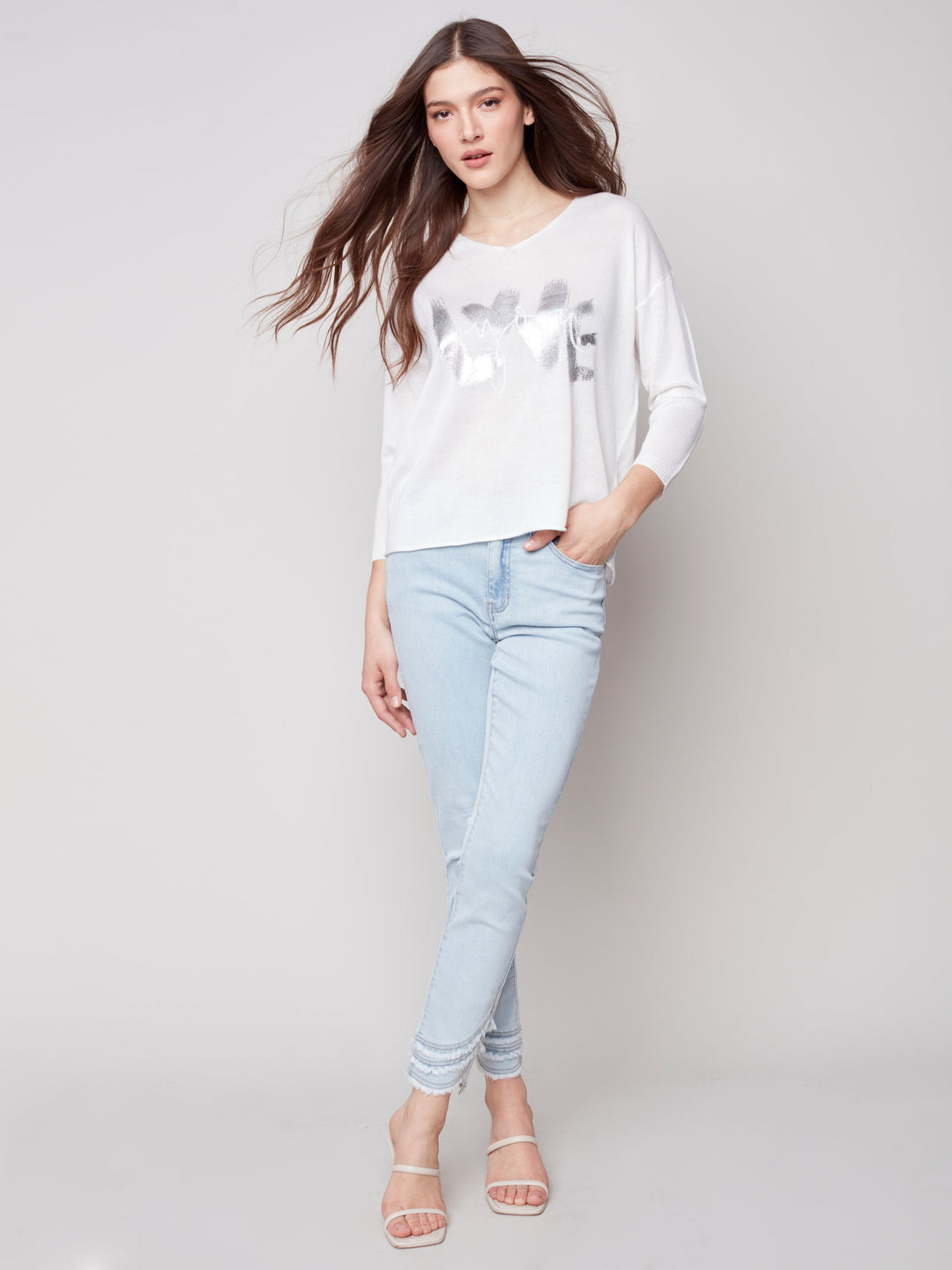 Printed Long Sleeve V-Neck Top