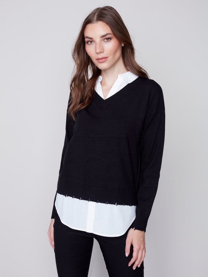 Knit V-Neck Sweater With Blouse Insert