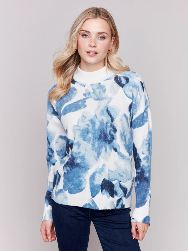 Mock Neck Drop Shoulder Print Sweater