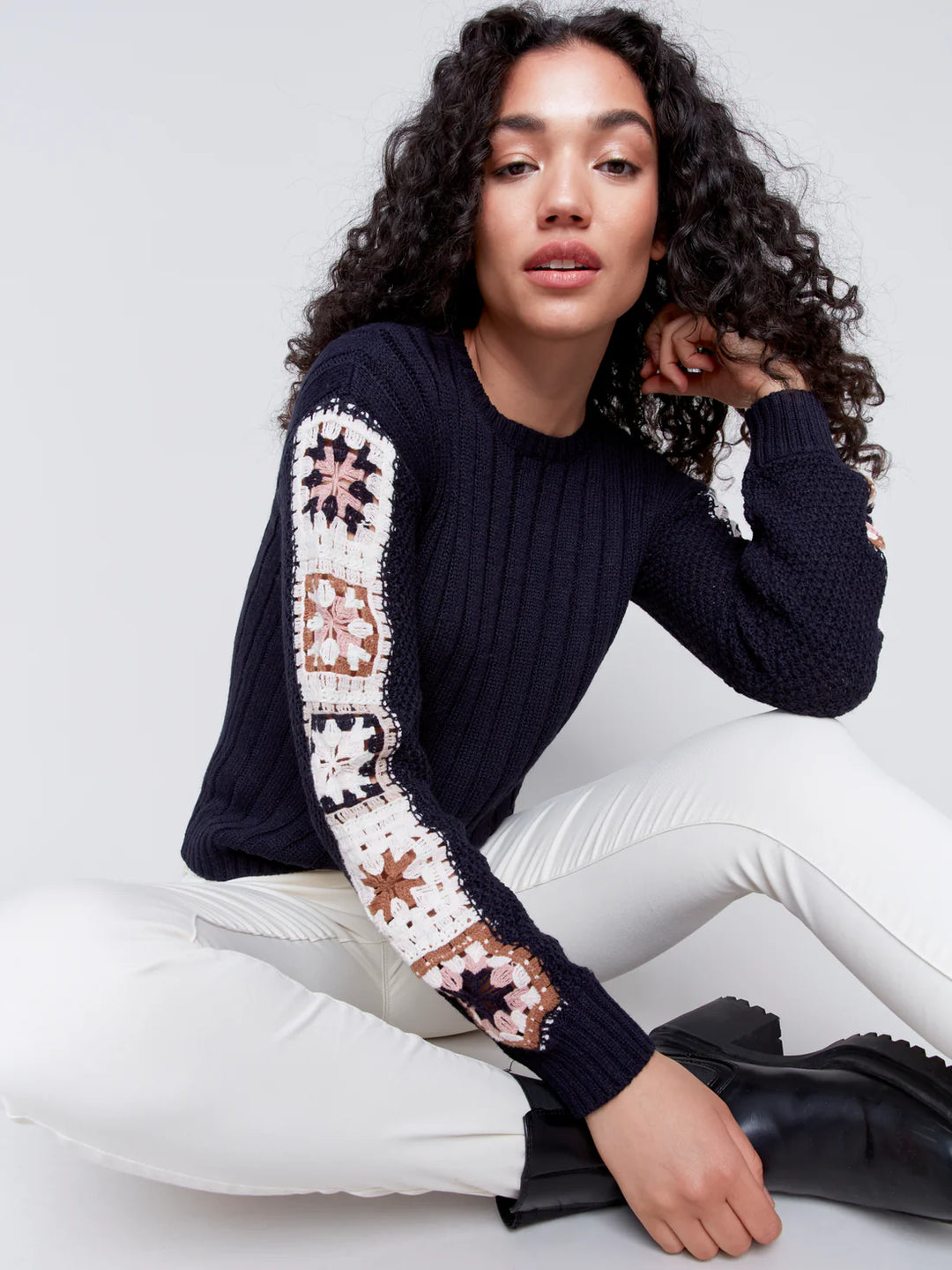 Crew Neck Crochet Sleeve Sweater