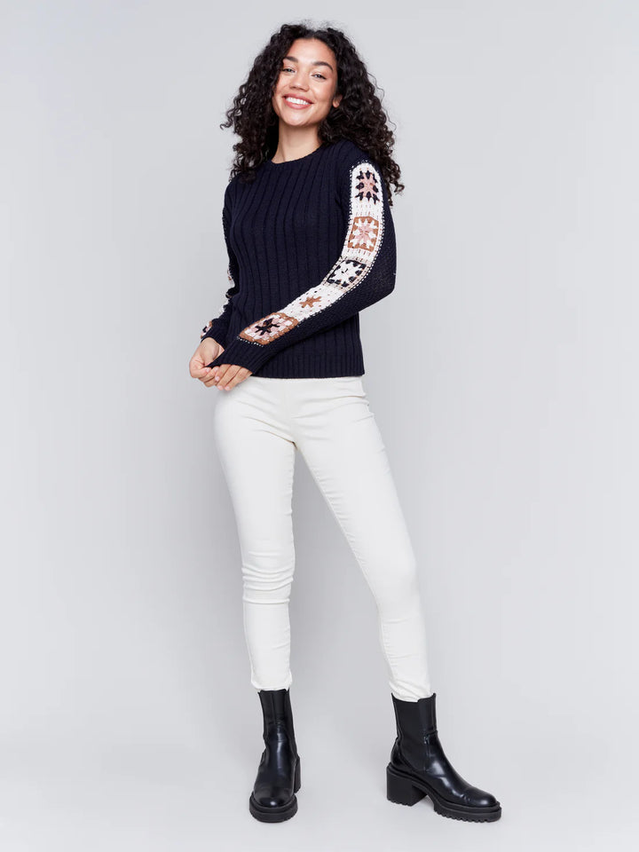 Crew Neck Crochet Sleeve Sweater