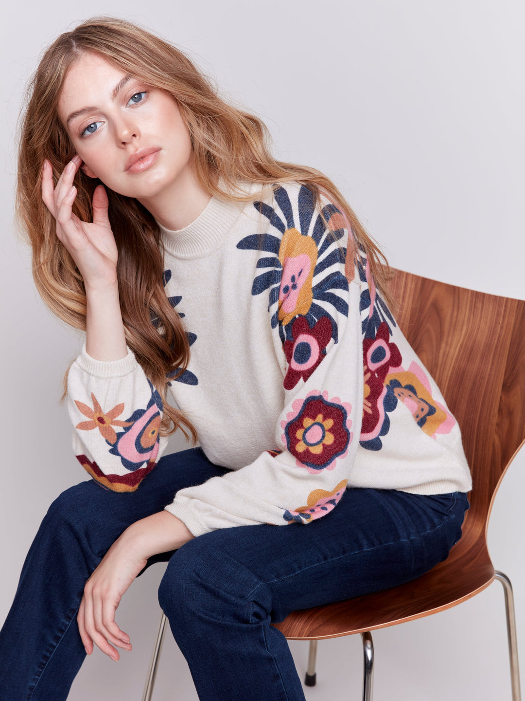 Floral Sweater With Puffy Sleeves