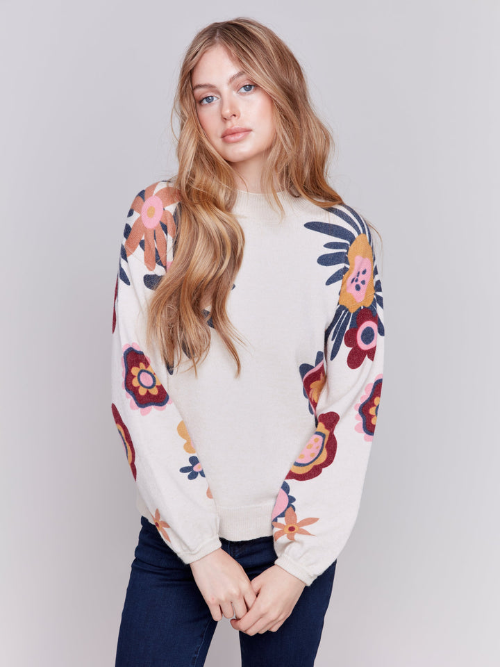 Floral Sweater With Puffy Sleeves