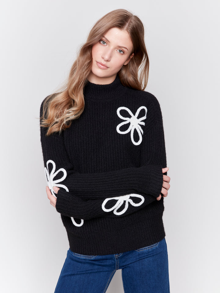 Mock Neck Floral Soutache Sweater