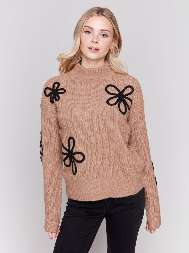 Mock Neck Floral Soutache Sweater