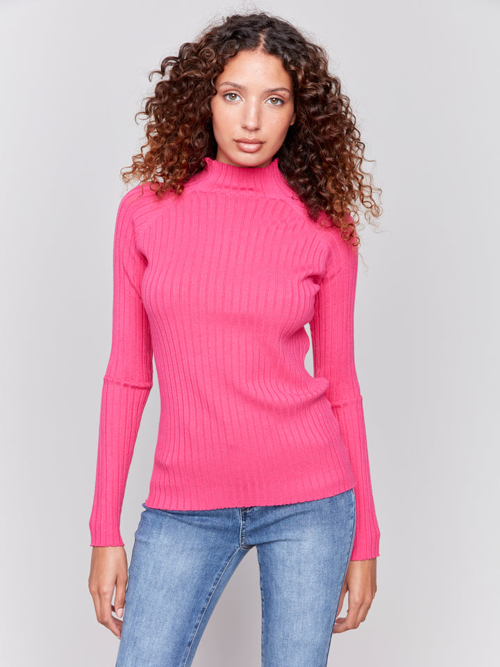 Mock Neck Ribbed Fine-Knit Sweater