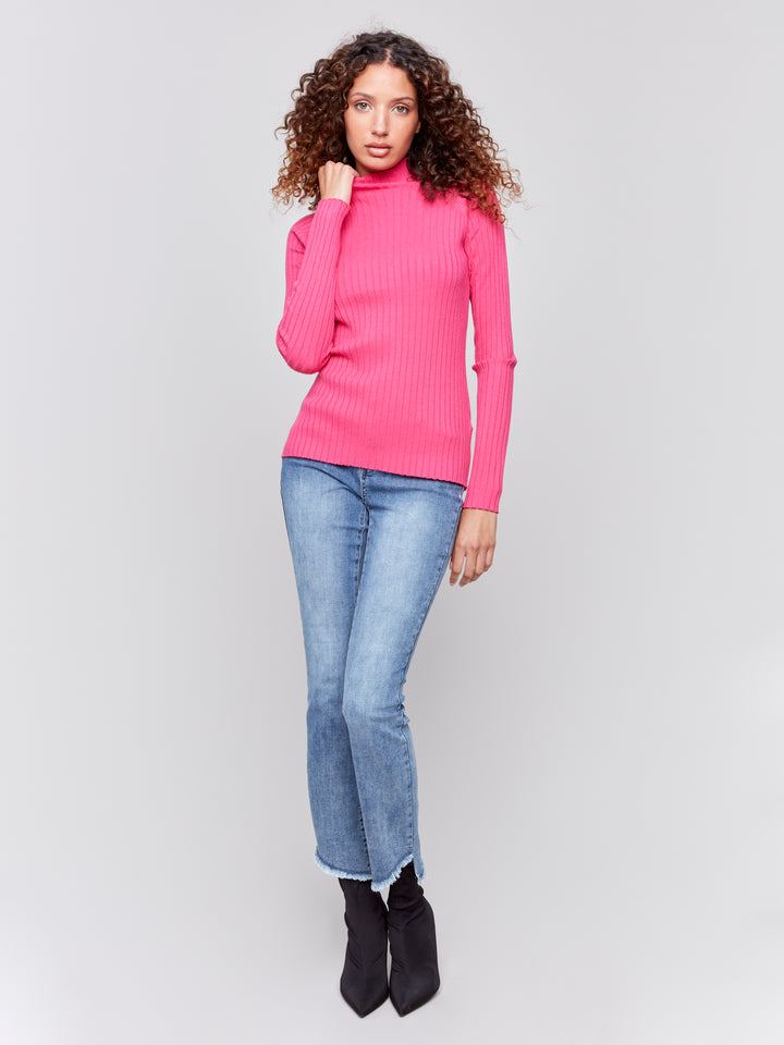 Mock Neck Ribbed Fine-Knit Sweater