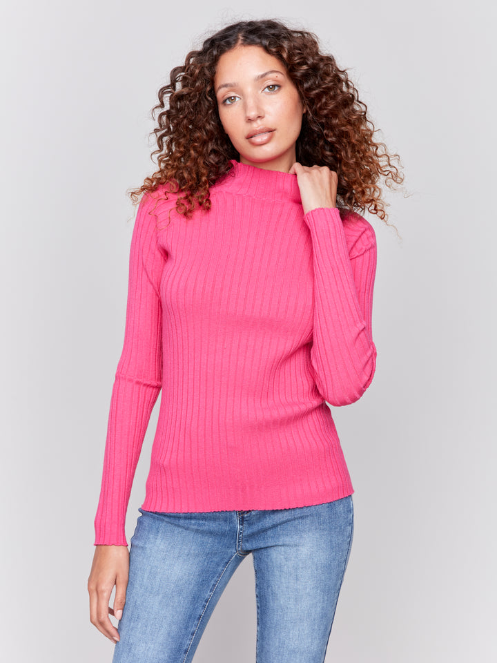 Mock Neck Ribbed Fine-Knit Sweater