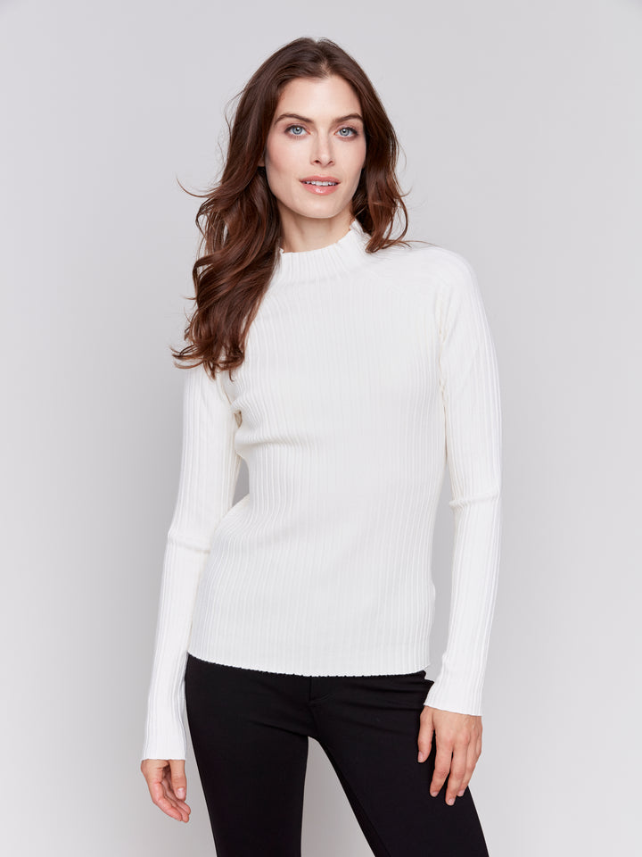 Mock Neck Ribbed Fine-Knit Sweater