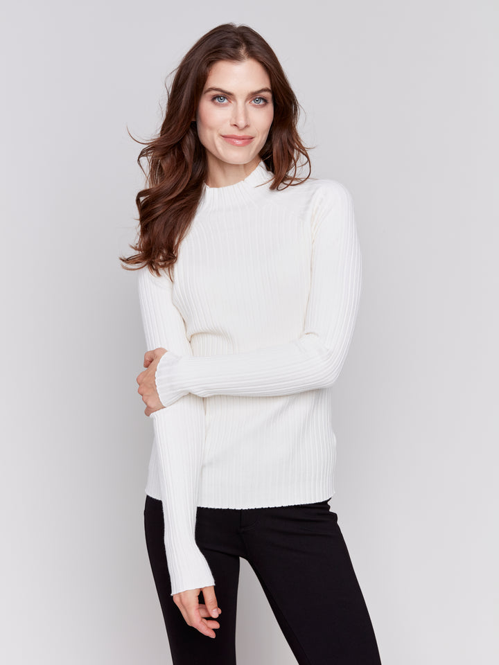 Mock Neck Ribbed Fine-Knit Sweater