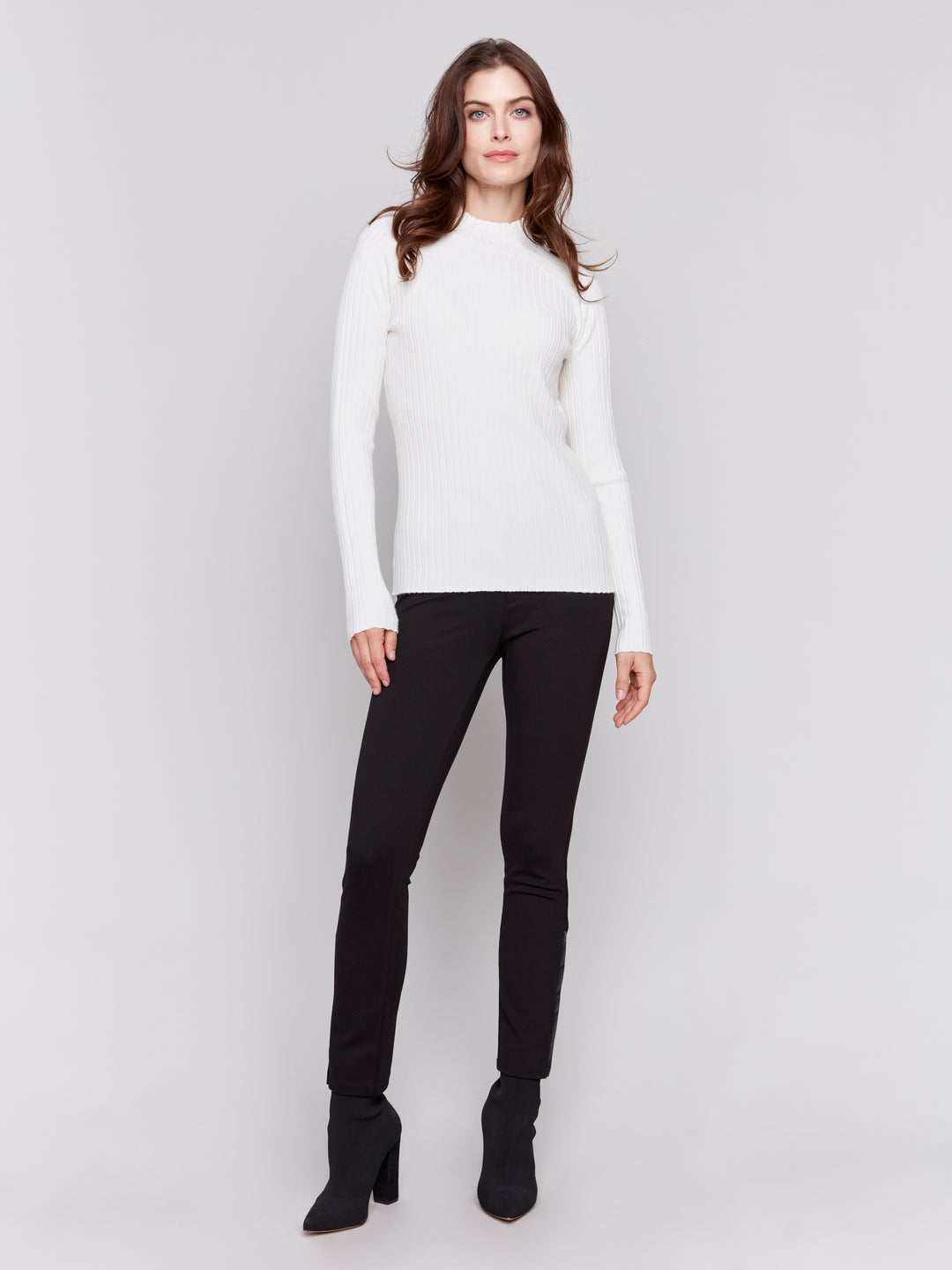 Mock Neck Ribbed Fine-Knit Sweater