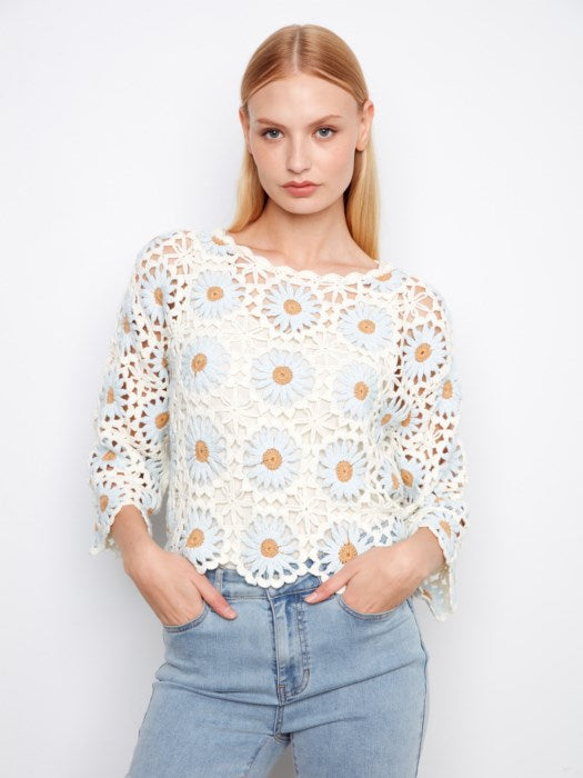 3/4 Sleeves Flower Hand Crochet Sweater With Scallop Hem