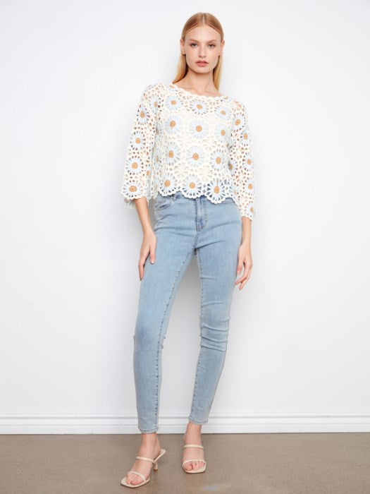 3/4 Sleeves Flower Hand Crochet Sweater With Scallop Hem
