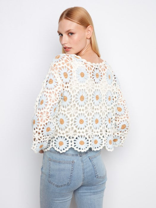 3/4 Sleeves Flower Hand Crochet Sweater With Scallop Hem