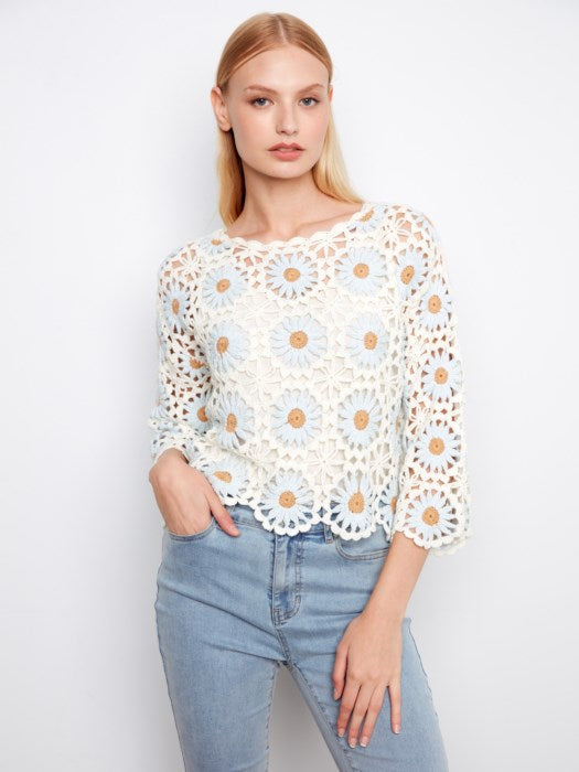 3/4 Sleeves Flower Hand Crochet Sweater With Scallop Hem