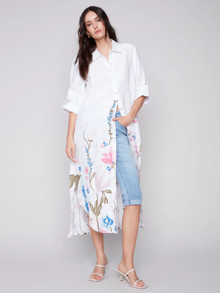 Linen Roll-Sleeve Maxi Shirtdress