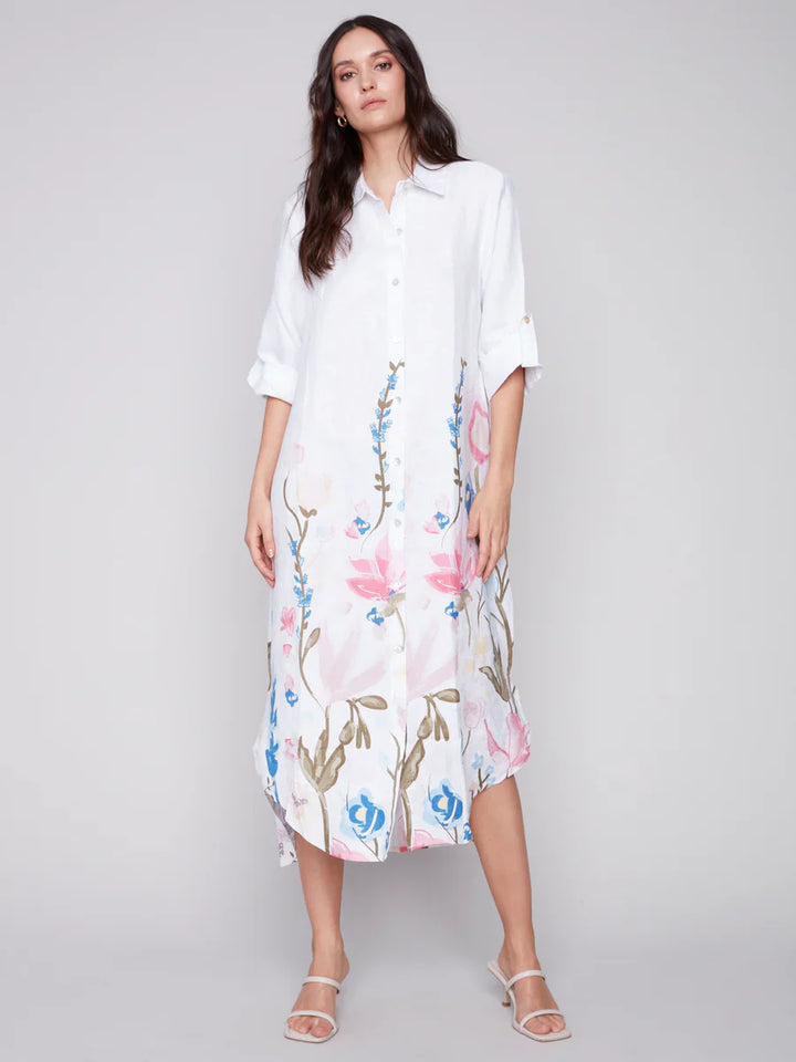 Linen Roll-Sleeve Maxi Shirtdress