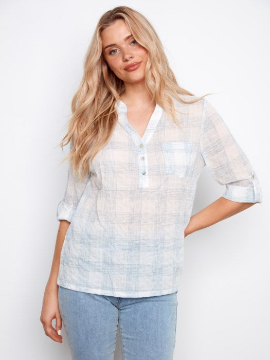 Yarn Dye Voile Half-Button Blouse