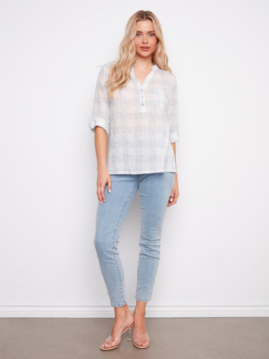 Yarn Dye Voile Half-Button Blouse