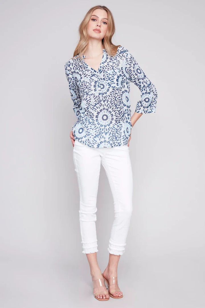 Roll-Sleeve Front Pocket V-Neck Top