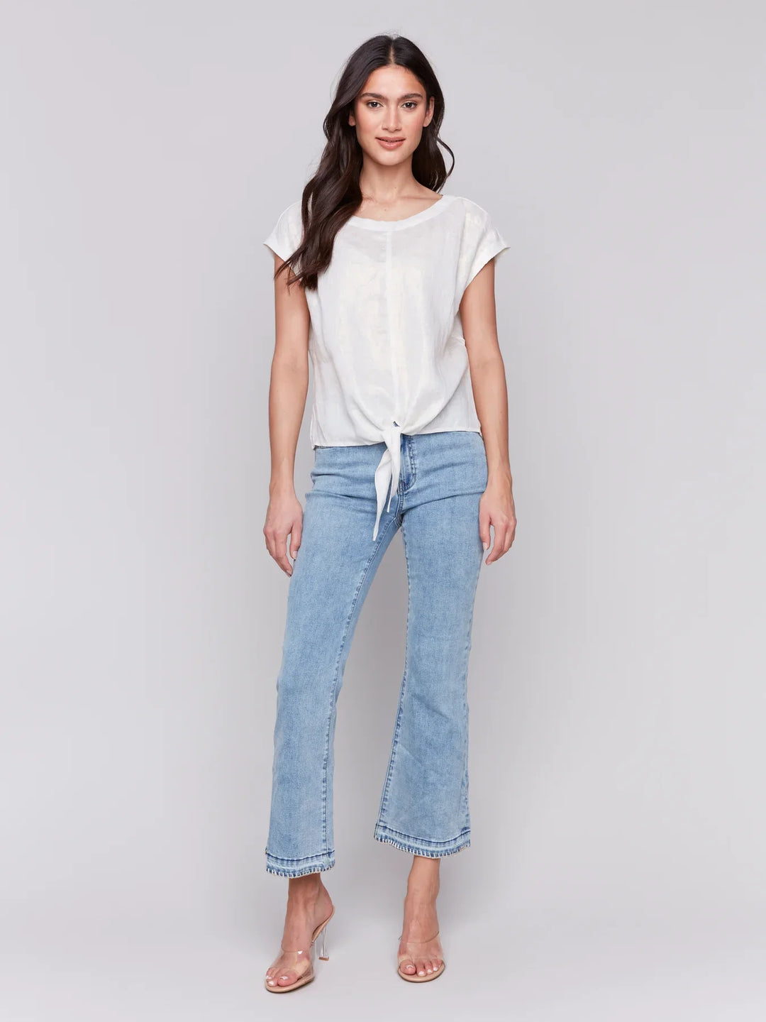 Foiled Linen Short Sleeve Top With Front Tie