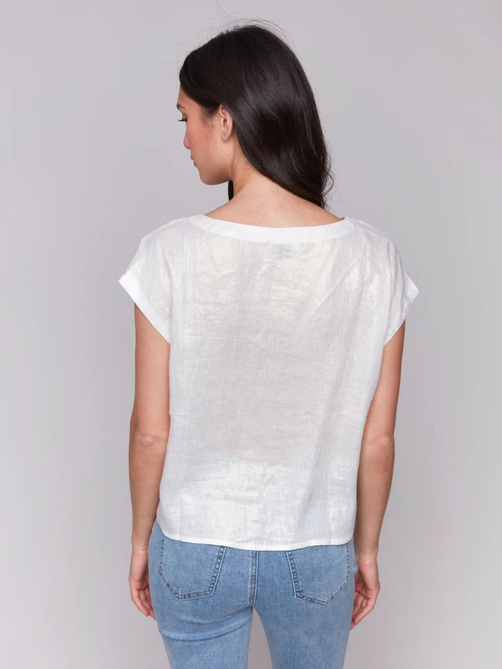 Foiled Linen Short Sleeve Top With Front Tie