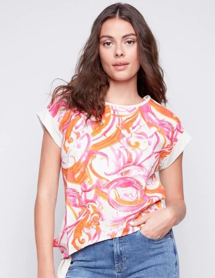 Printed Linen Side-Tie Short Sleeve Top