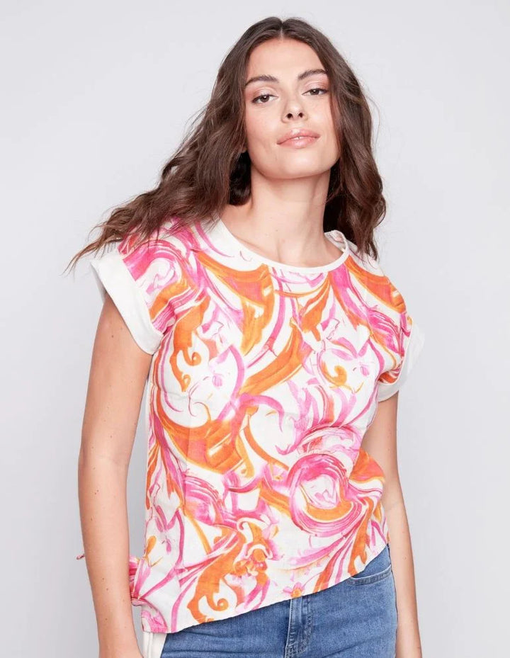 Printed Linen Side-Tie Short Sleeve Top