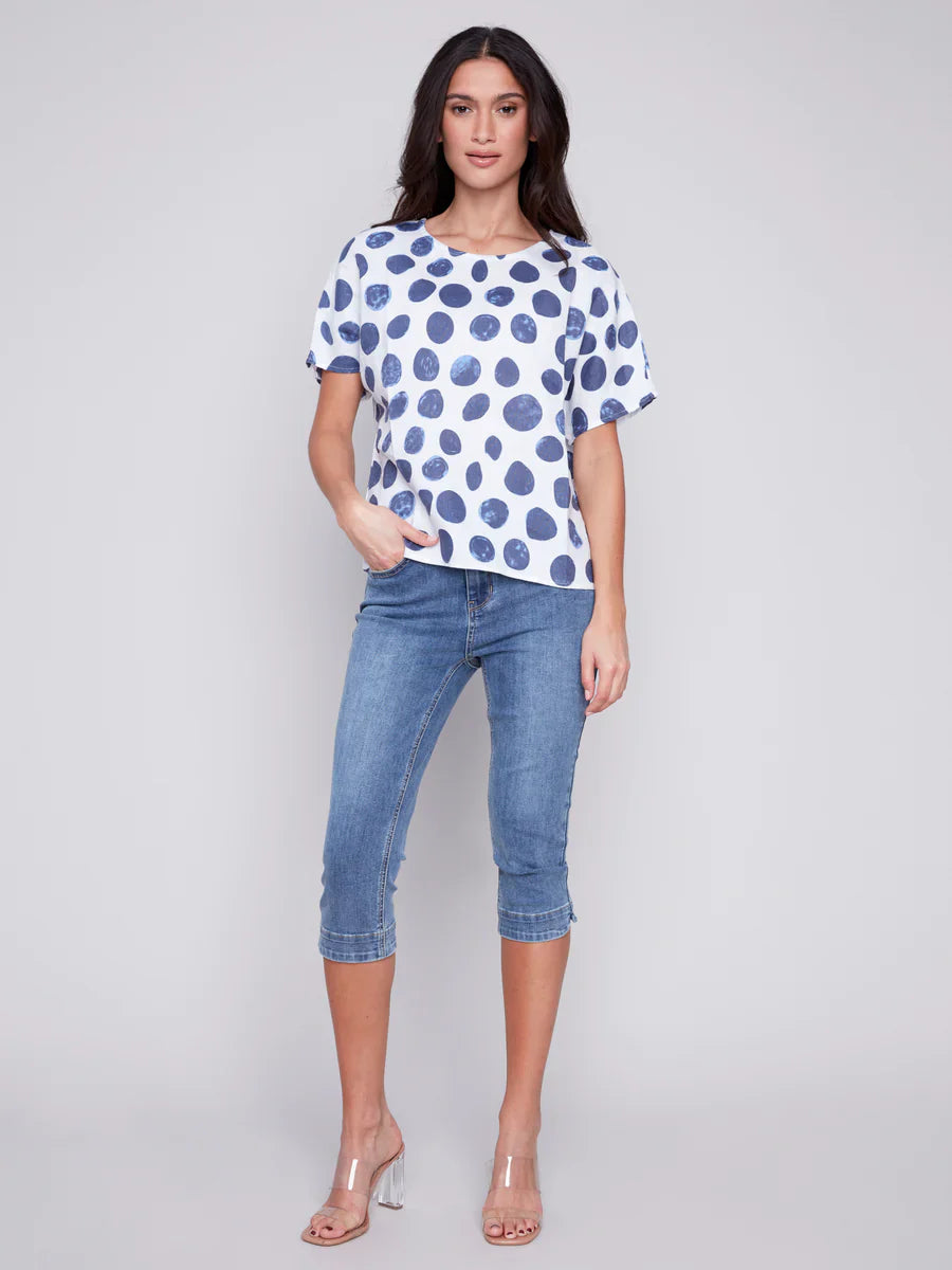 Printed Linen Short Sleeve Top