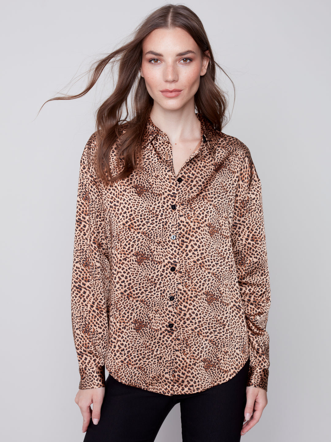 Long Sleeve Satin Print Blouse