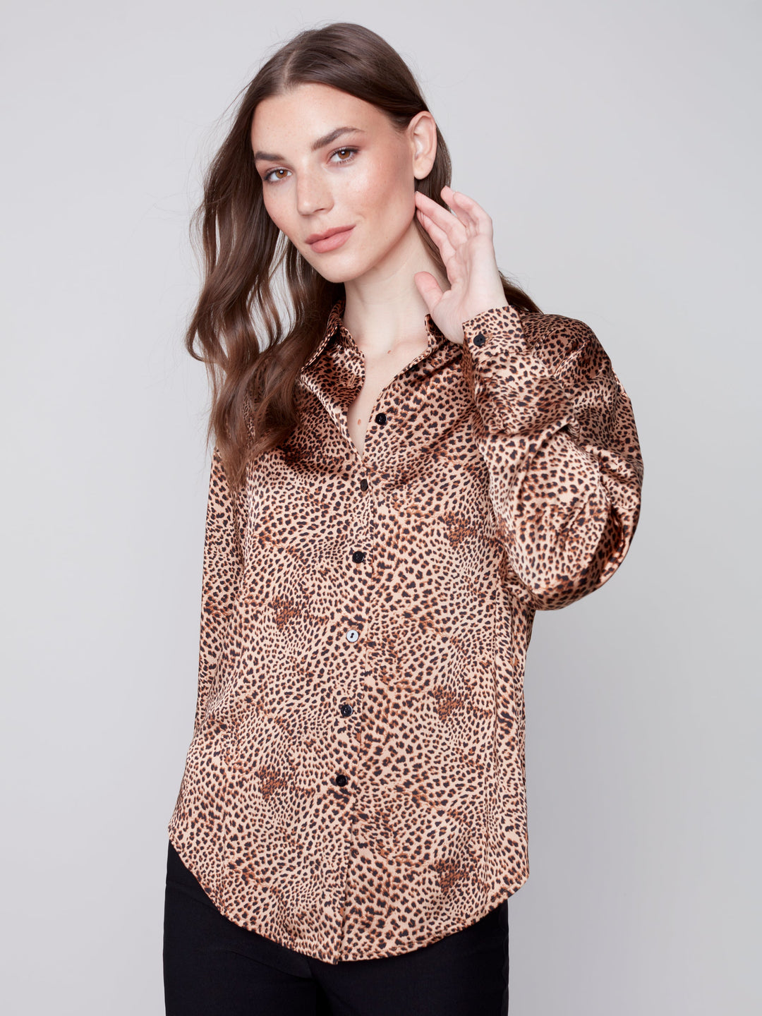 Long Sleeve Satin Print Blouse