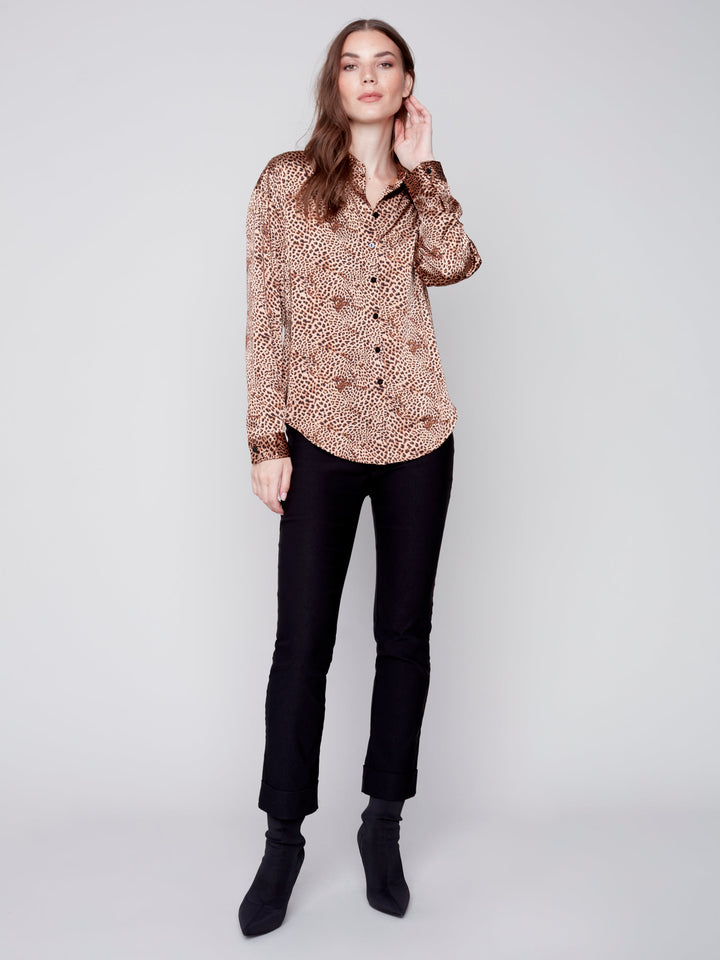 Long Sleeve Satin Print Blouse