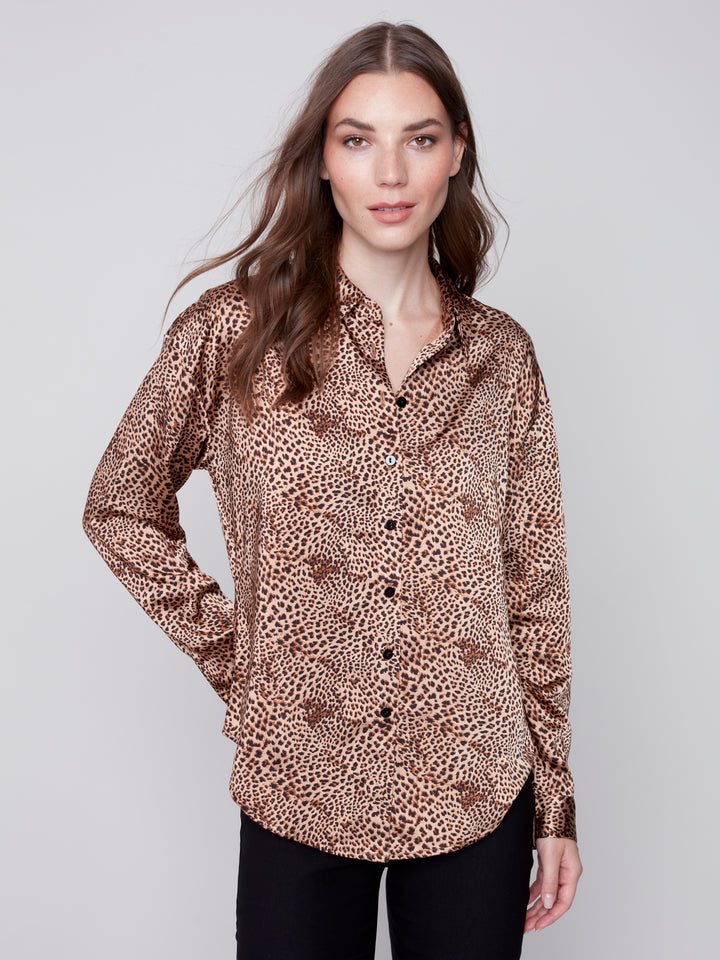 Long Sleeve Satin Print Blouse